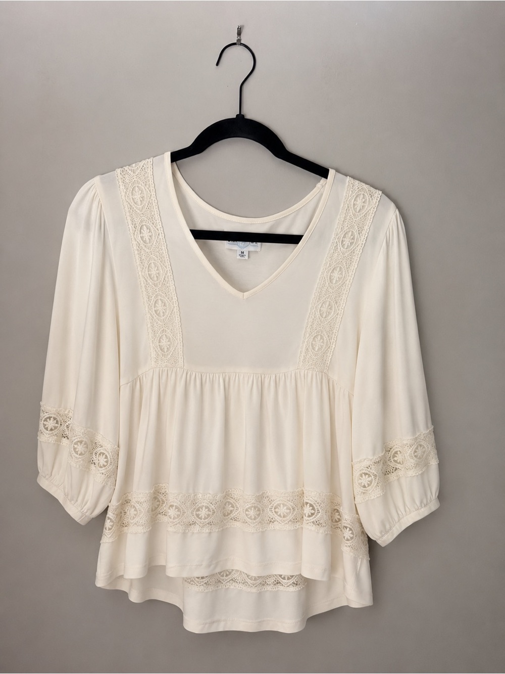 June & Ivy Boho Lace-Paneled Cream V-Neck Women's Top